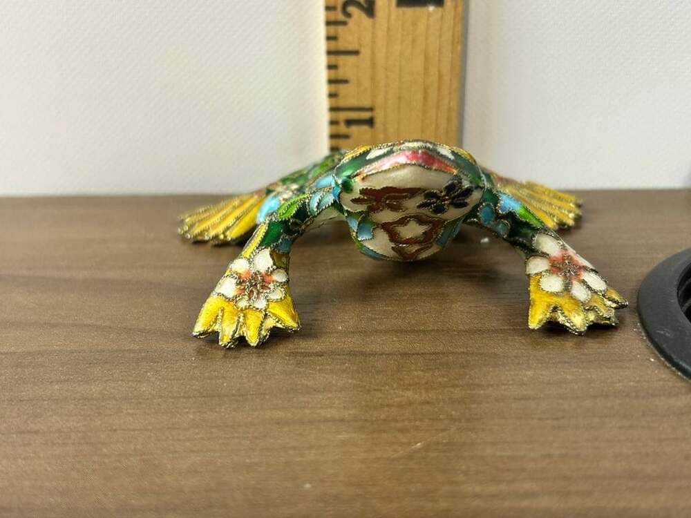 Cloisonne Style Enamel Frog Figurine Green Floral Gold Tone Miniature Decor